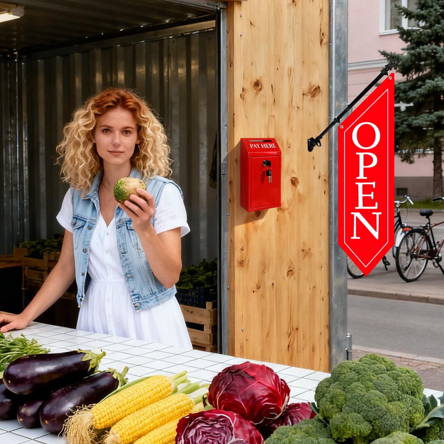 Locking Metal Cash Box with Key – 10.2"x5.7"x2.8" Money Collection Safe for Farm Stand or Retail – OPEN Flag Banner Kit with Pole & Bracket, Double-Sided Canvas Open Sign 42"x12" (Red)