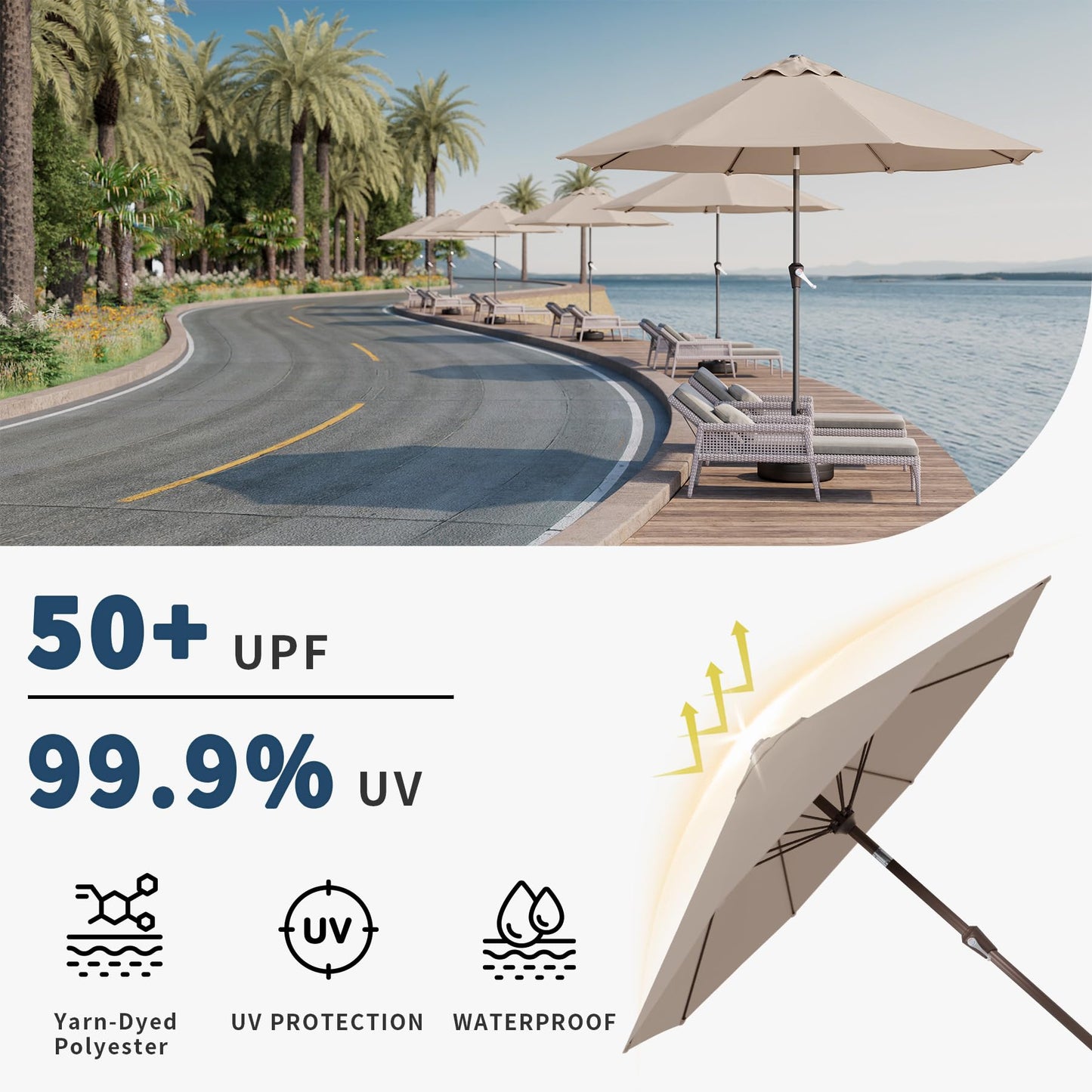 Patio Kingdom 10FT Patio Umbrella Outdoor Market Umbrella with Crank and Tilt, 8 Flexible Fiberglass Ribs, UV-Resistant Waterproof Canopy for Patio, Deck, Garden, Backyard, Beige