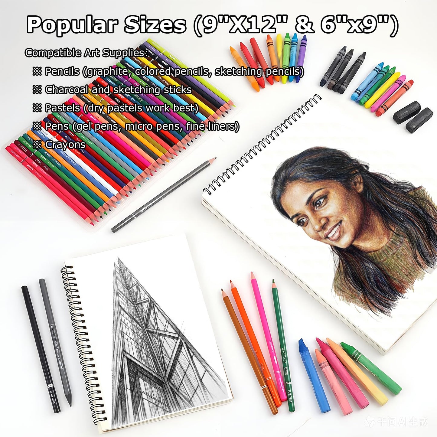 4 Pack 9x12 Sketch Book Spiral Bound, 50 Sheets Each 100gsm/68lb Acid-Free Drawing Paper, Lay-Flat Art Sketch Pad for Dry Media, Pencil, Charcoal, Sketching & Practice, School Supplies for Kids Adults