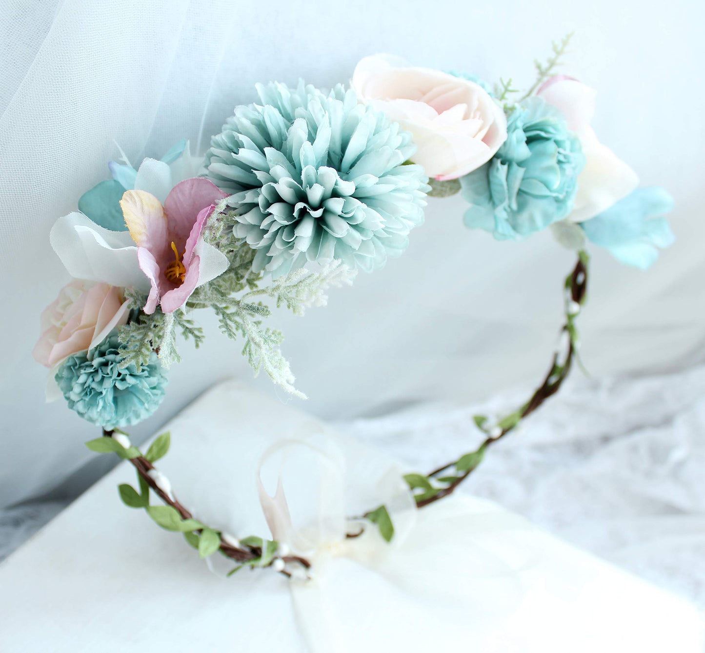 Vivivalue Boho Flower Headband Women Floral Crown Hair Wreath Flower Headpiece Halo with Ribbon Wedding Party Festival Photos Blue