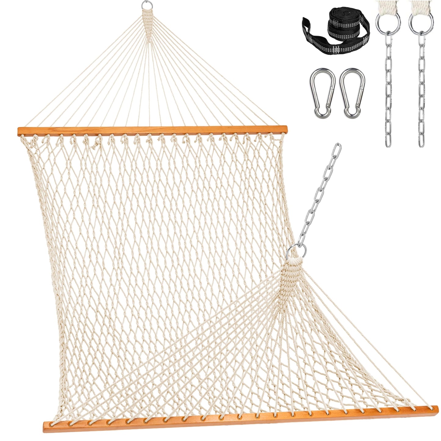 Lazy Daze Hammocks Double Rope Hammock, 2 Person Traditional Outdoor Hand Woven Cotton Rope Hammock with Spreader Bar, Carabiners, Tree Straps, Chains for Patio Yard - Max 450 Lbs, Natural
