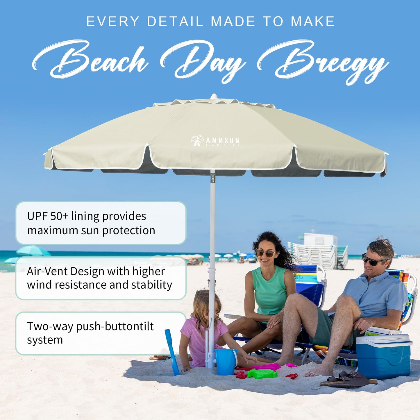 AMMSUN 8 FT Large Beach Umbrellas for sand with Sand Anchor Heavy Duty High Wind Portable Outdoor Umbrellas UPF 50+ Protection Air Vent Tilt Patio Garden Pool (Cream Khaki)