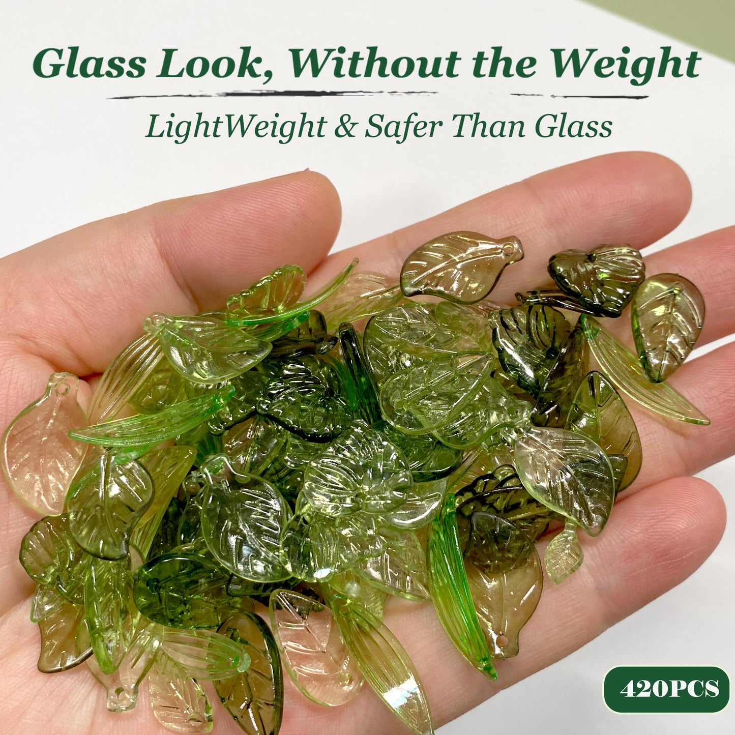 420PCS Green Acrylic Leaf Beads for Jewelry Making – Bulk Botanical Leaf Charms, Transparent Glass-Look Plant Beads for Earrings, Bracelets, Necklaces & Accessories (Mixed Styles)