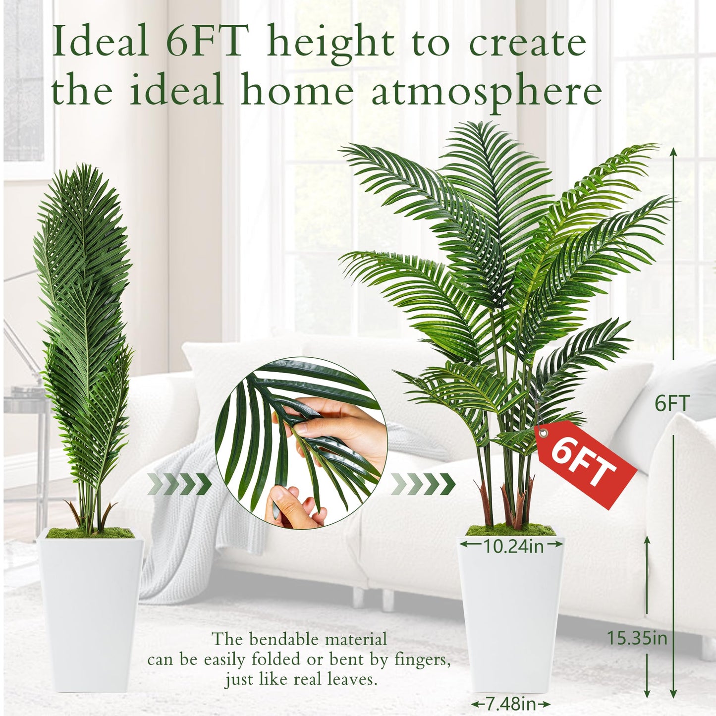 6FT Artificial Palm Tree, Tall Faux Palm Tree Indoor with Fake Plants Tall, Artificial Plants with Lifelike Leaves for Home Office Decor (White)