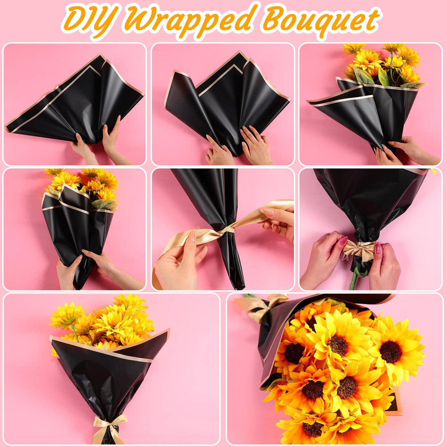 Yahenda 420 Sheets Black Flower Wrapping Papers:23" x 23" Black Flower Bouquets with Gold Edge Korean Style Wrapping Paper for DIY Gifts Craft Floral Supplies Packaging