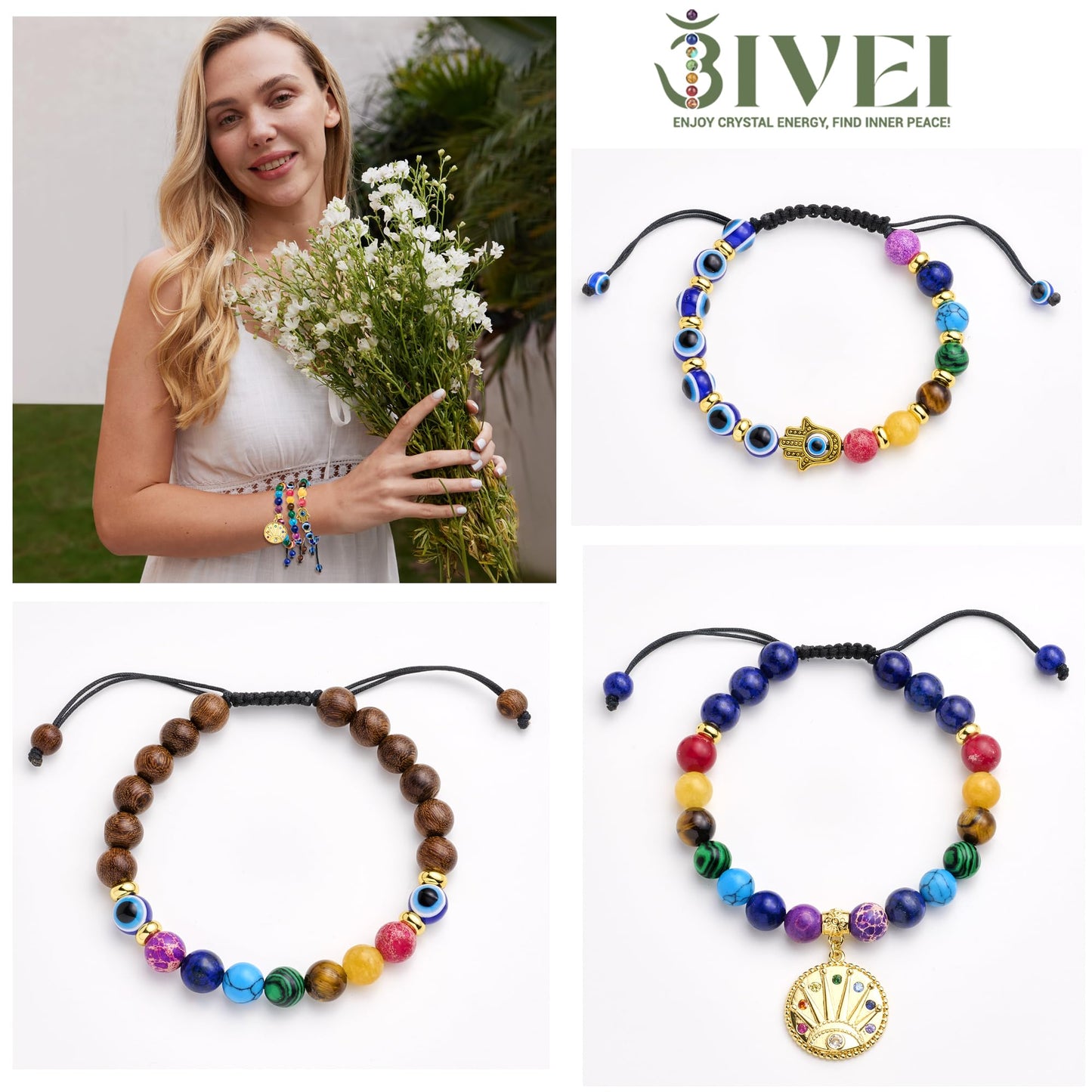 Bivei Evil Eye Bracelet Natural Semi Precious Gemstone Beads 7 Chakra Crystal Stone Beaded Adjustable Braided Bracelets for Women Men Yoga Meditation(Evil Eye)