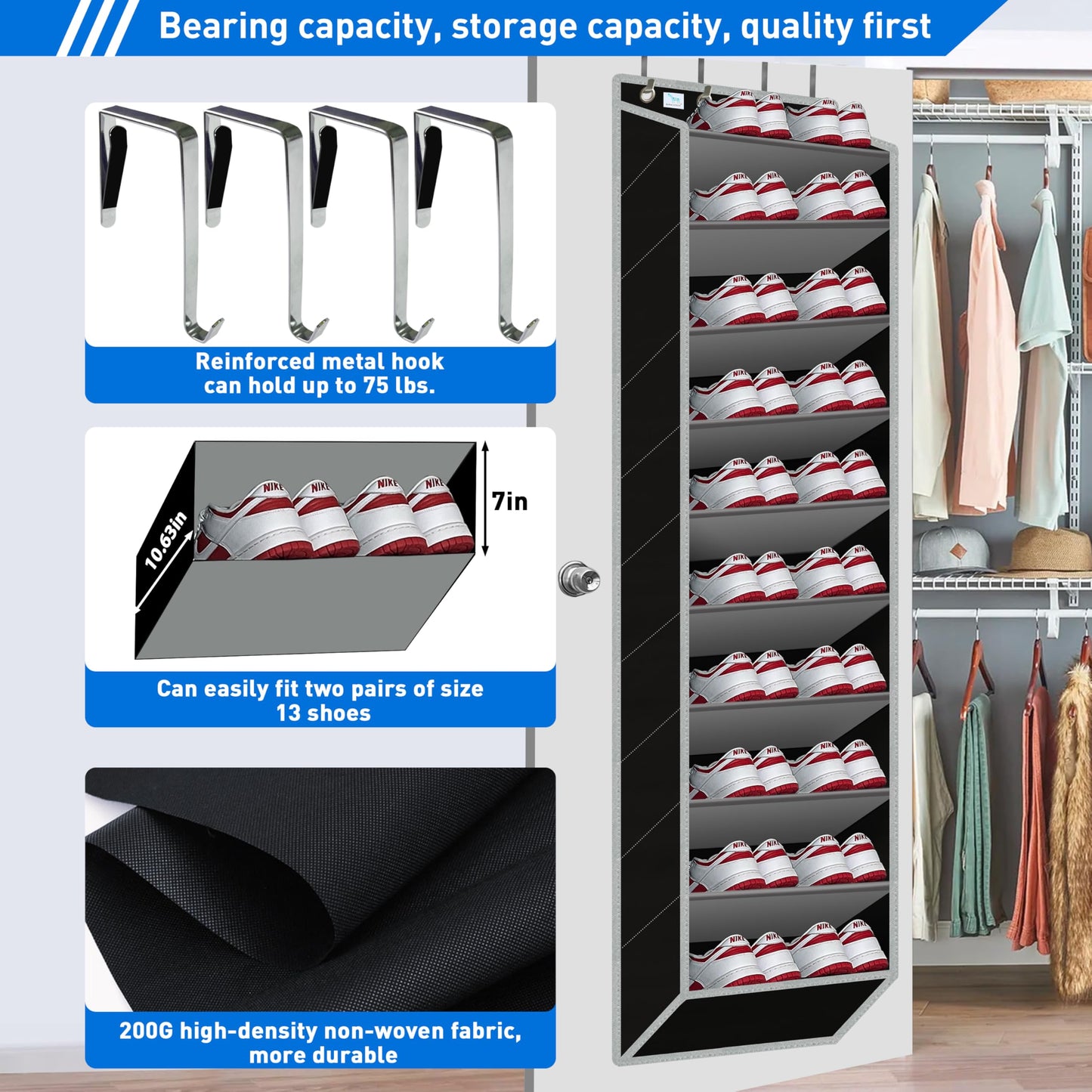 zebricolo Over the Door Shoe Organizer, Large Shoe Rack for Door 10 Tiers, Heavy Duty Metal Hanging Hook for Shoe Storage, Space Saving Shoe Holder Fits All Family Heels Boots Sneakers - Grey