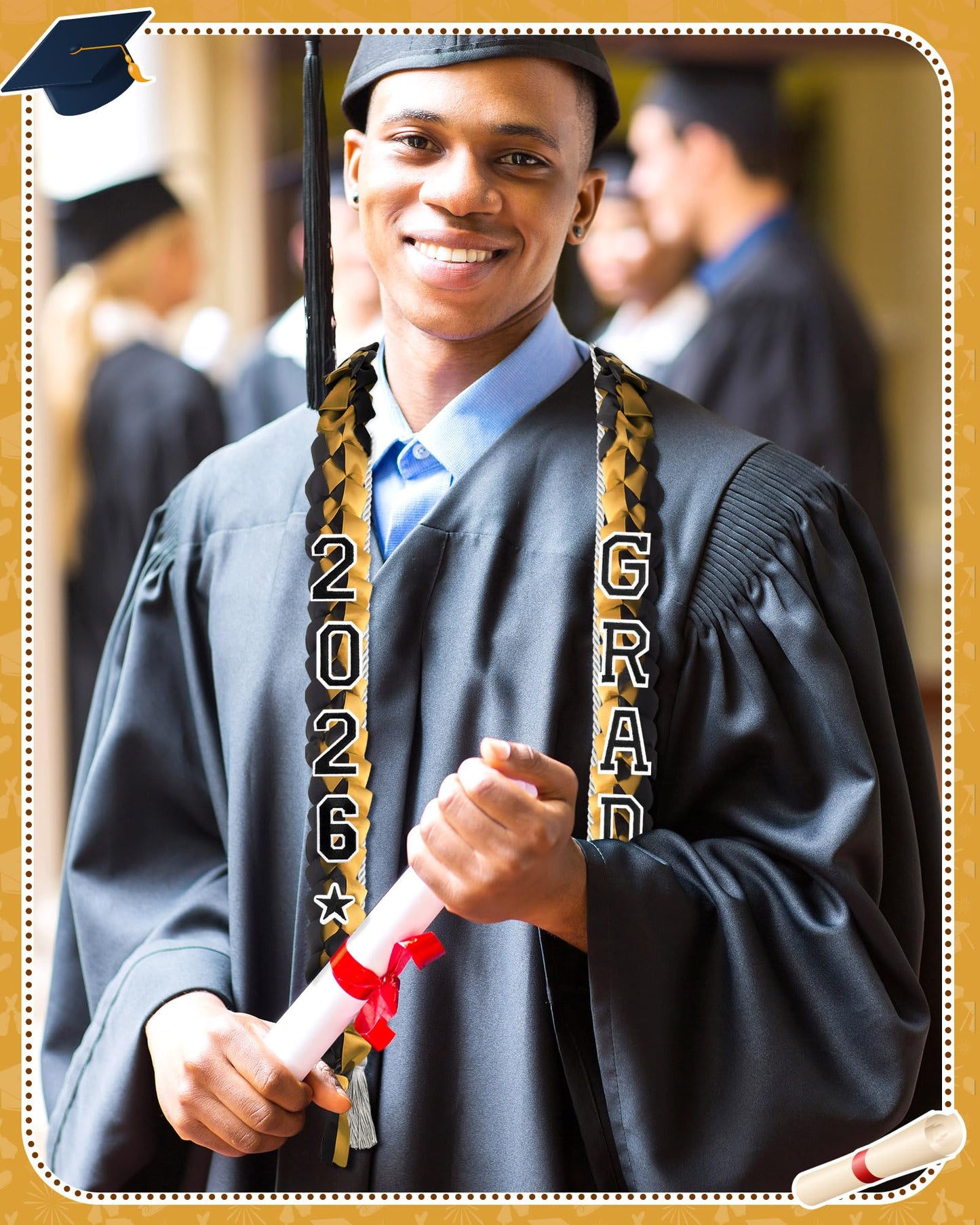 Cindeer 2026 Graduation Ribbon Lei Set Handmade Braided Necklace Honor Cord with Tassel 2026 Grad Embroidery Patches for High School College Graduation Party Supplies(Black, Gold)