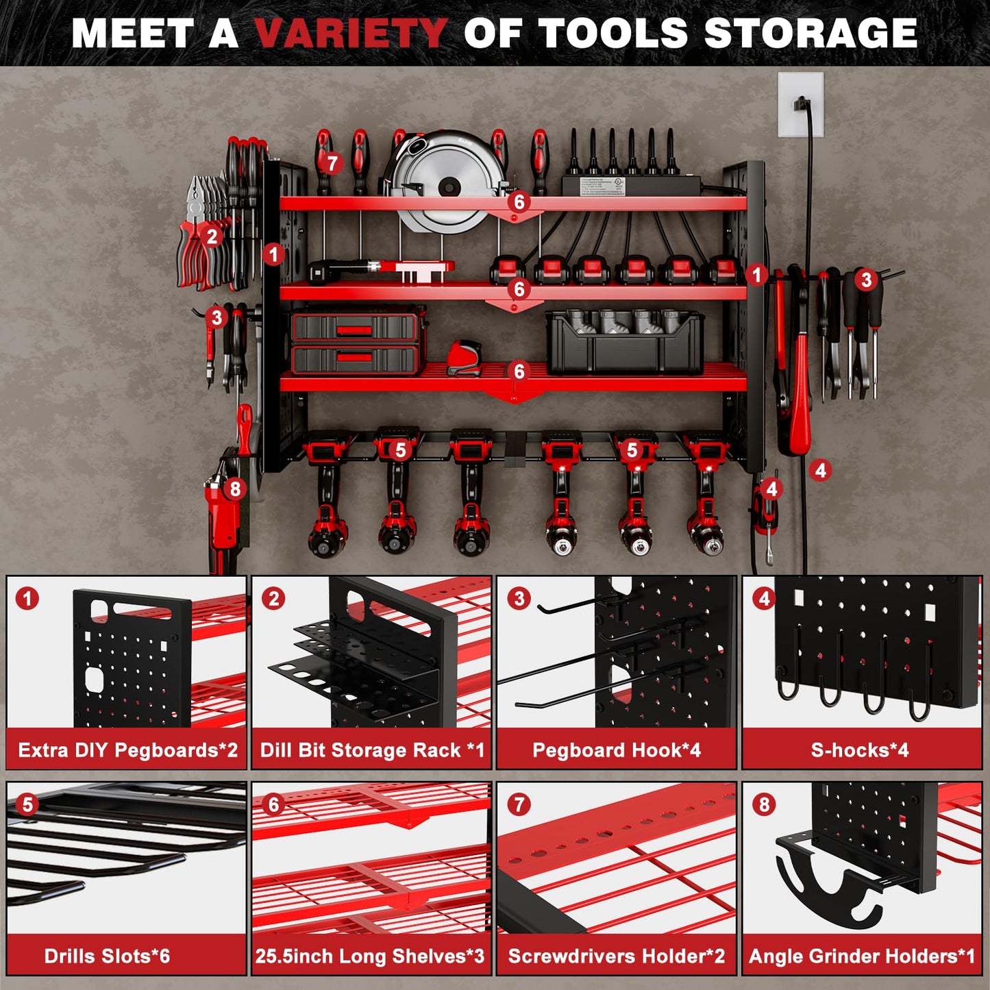 NattyDot Power Tool Organizer Wall Mount with Charging Station 4 Layer 6 Slot Cordless Drill Holder with Angle Grinder Holder (Red)
