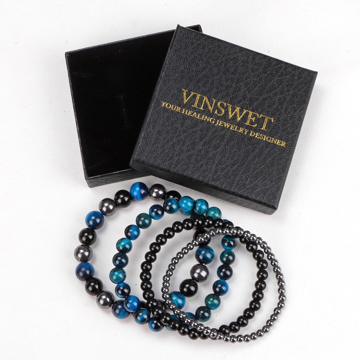 Vinswet 4pcs Natural Stone Beaded Bracelets for Women Men,Healing Crystal Gemstones Stretch Bracelet,4mm 6mm 8mm 10mm Blue Tiger Eye Black Obsidian Hematite Anxiety Stress Relief Bracelet Jewelry Gifts