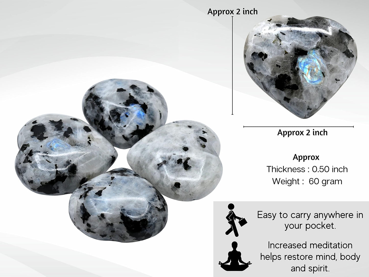 Amazing Gemstone Rainbow Moonstone Crystal Heart Palm Stone - Pocket Massage Worry Stone for Natural Body Chakra Balancing, Reiki Healing and Crystal Grid