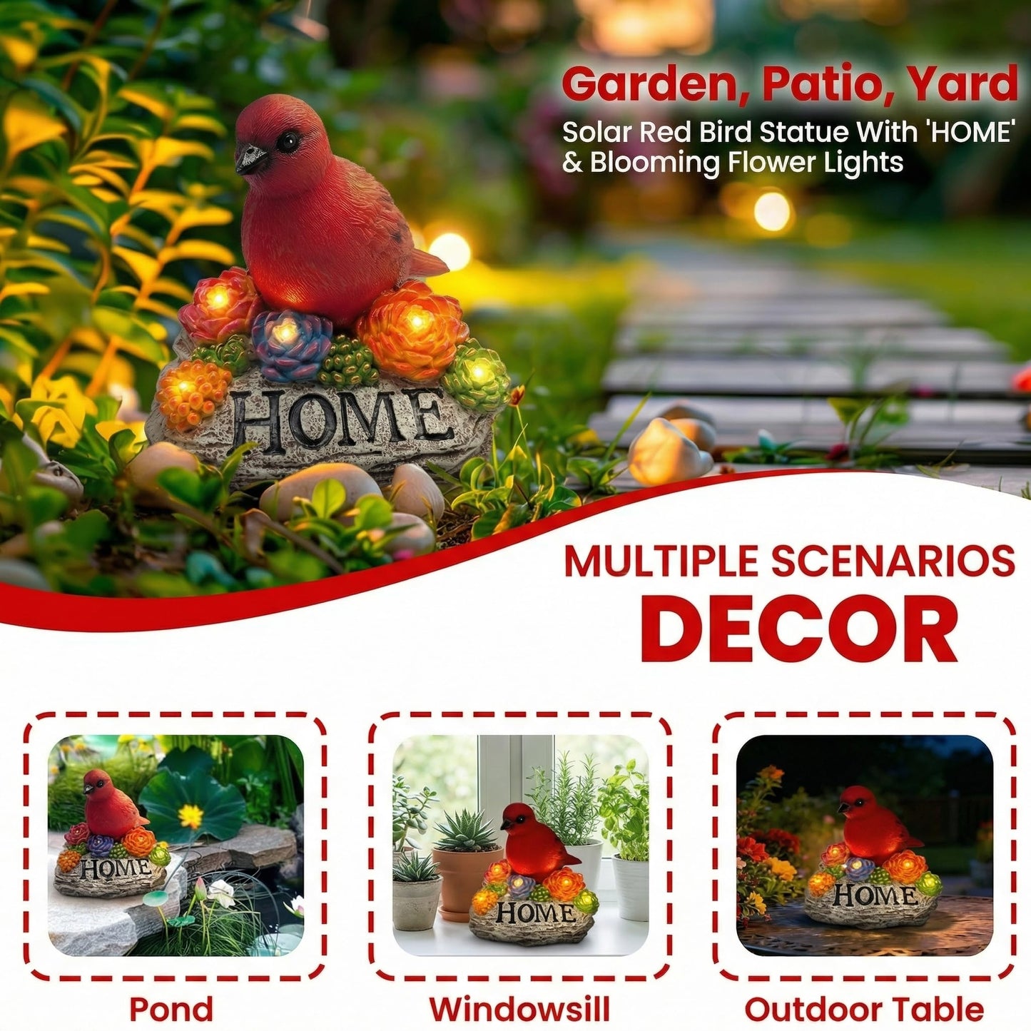 DECOUE Solar Garden Statue with Bird & “Home” Sign, Solar Bird Light Outdoor Decor with Warm LED Glow, Garden Decor for Outside Yard Patio Walkway, Decorative Garden Statue with Succulent Accents