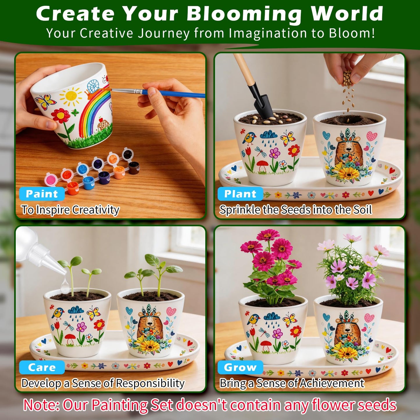 Hysagtek Paint & Plant Flower Growing Kit - Fun Gardening Set with 4 Pots, Art Craft Grow Garden Planting Set Birthday Easter Gift for Girls & Boys