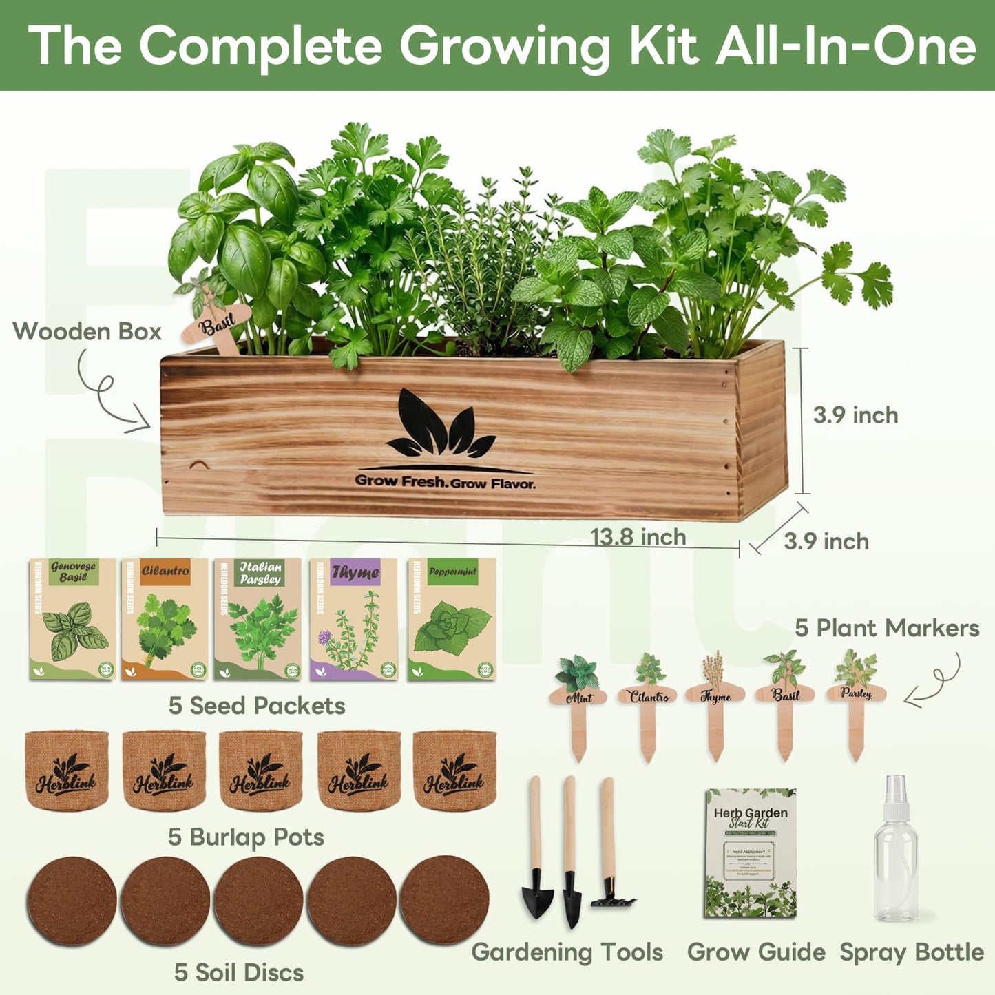 Herblink Indoor Herb Garden Starter Kit, 5 Herb Garden Planter Indoor Kit with Wooden Box Including Genovese Basil, Thyme, Parsley, Mint, Complete Windowsill Growing Gifts Set, Gifts for Mom, Women