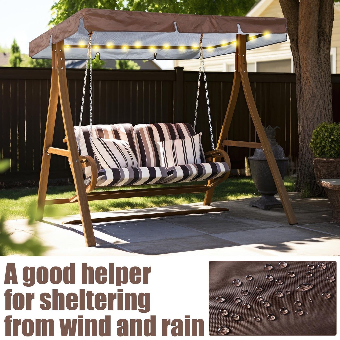 GliCraft LED Lighted Patio Swing Canopy Replacement Top Waterproof LED Porch Swing Canopy Cover 2-3 Seat Shade Awning Covers for Garden Outdoor Yard Park(65 x 45 Inch,Brown)