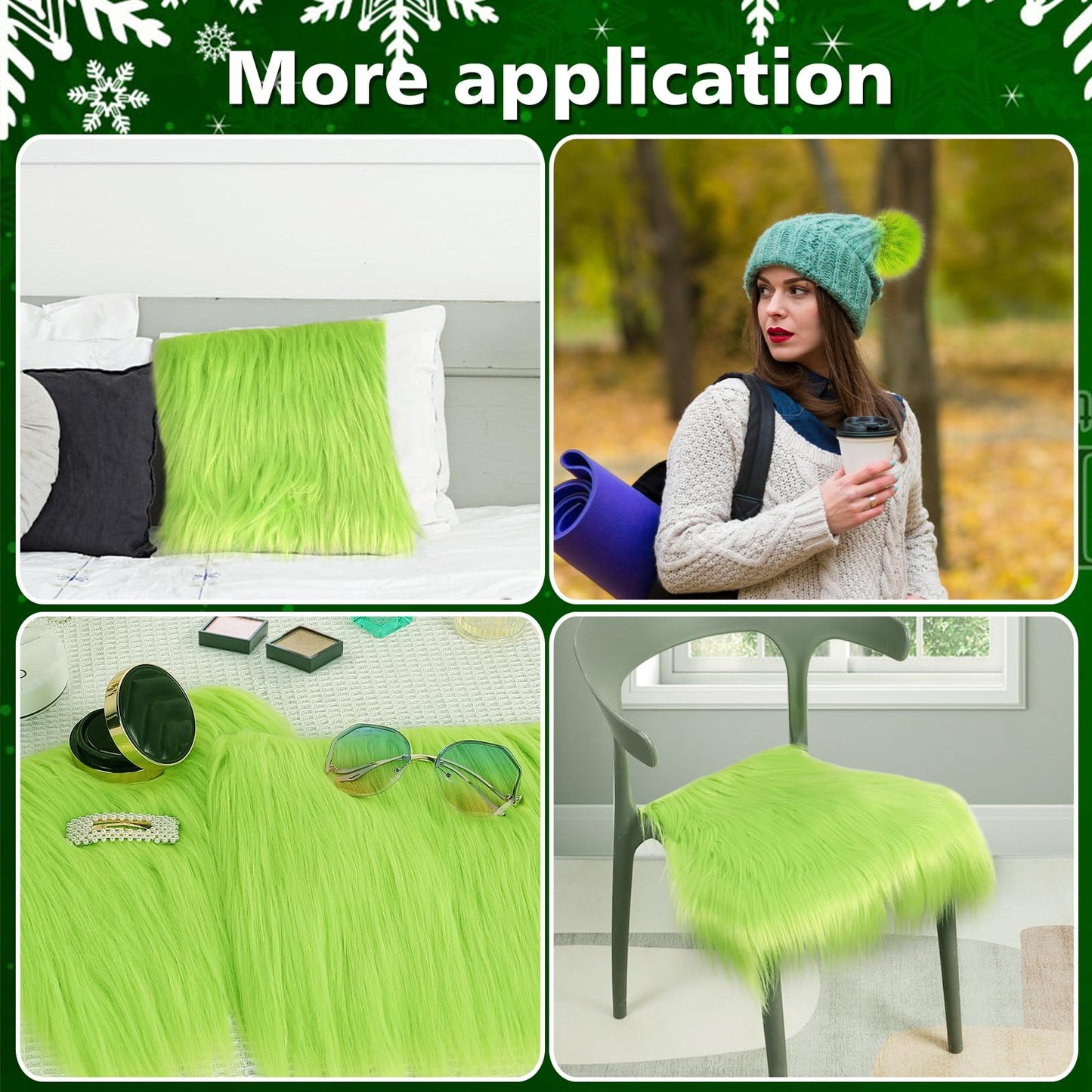 6 Pcs Green Faux Fur Fabric- 10"×10" Shaggy Fur Square Patches, Fluffy Warm Plush Fur Cuts for DIY Crafts Sewing Costume Rugs Pillows Cushion Pad Chair Cover Christmas Gnomes Decors