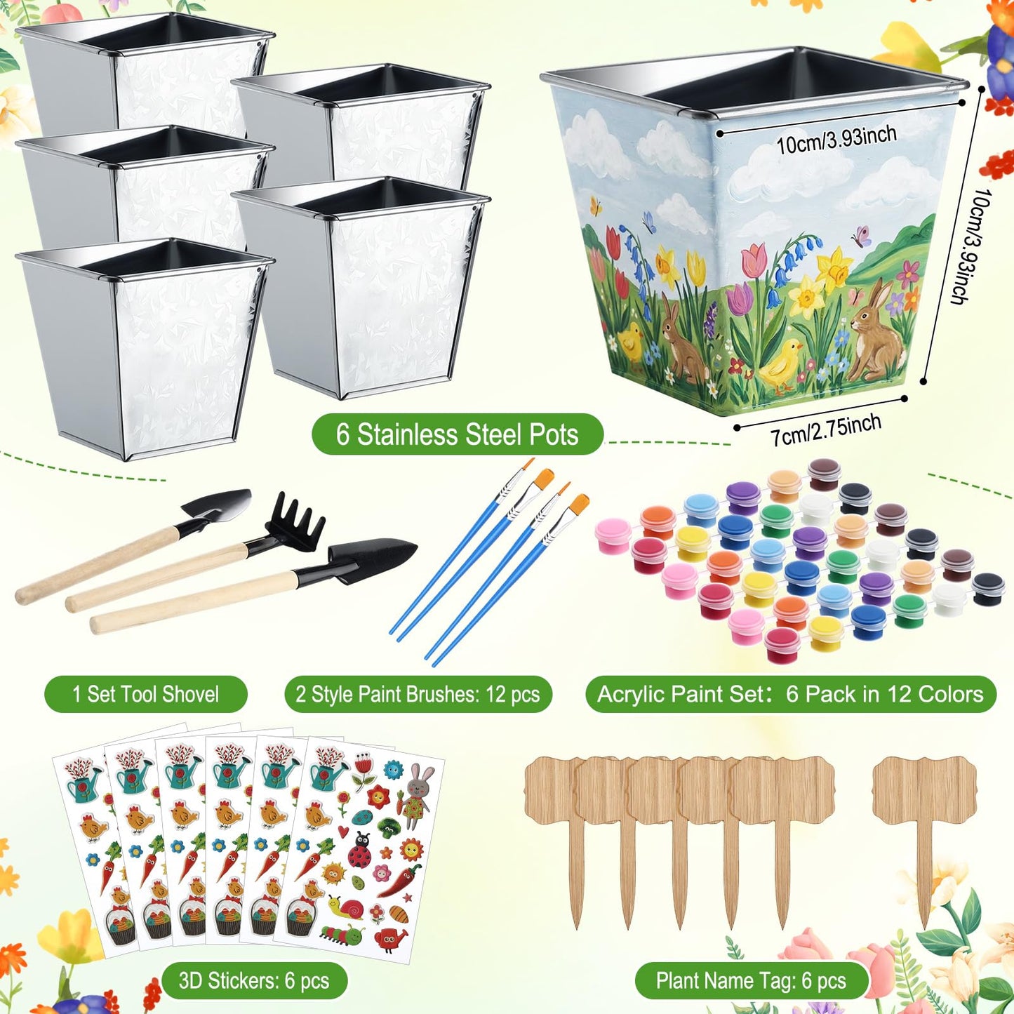 Ferrochef 6 Sets Garden Flower Pots Crafts Kit DIY Metal Iron Plant Pots Acrylic Paint Stickers Brushes Plant Labels Gardening Tool Kit for Planting Crafts Mother's Day Graduation Creative Gift