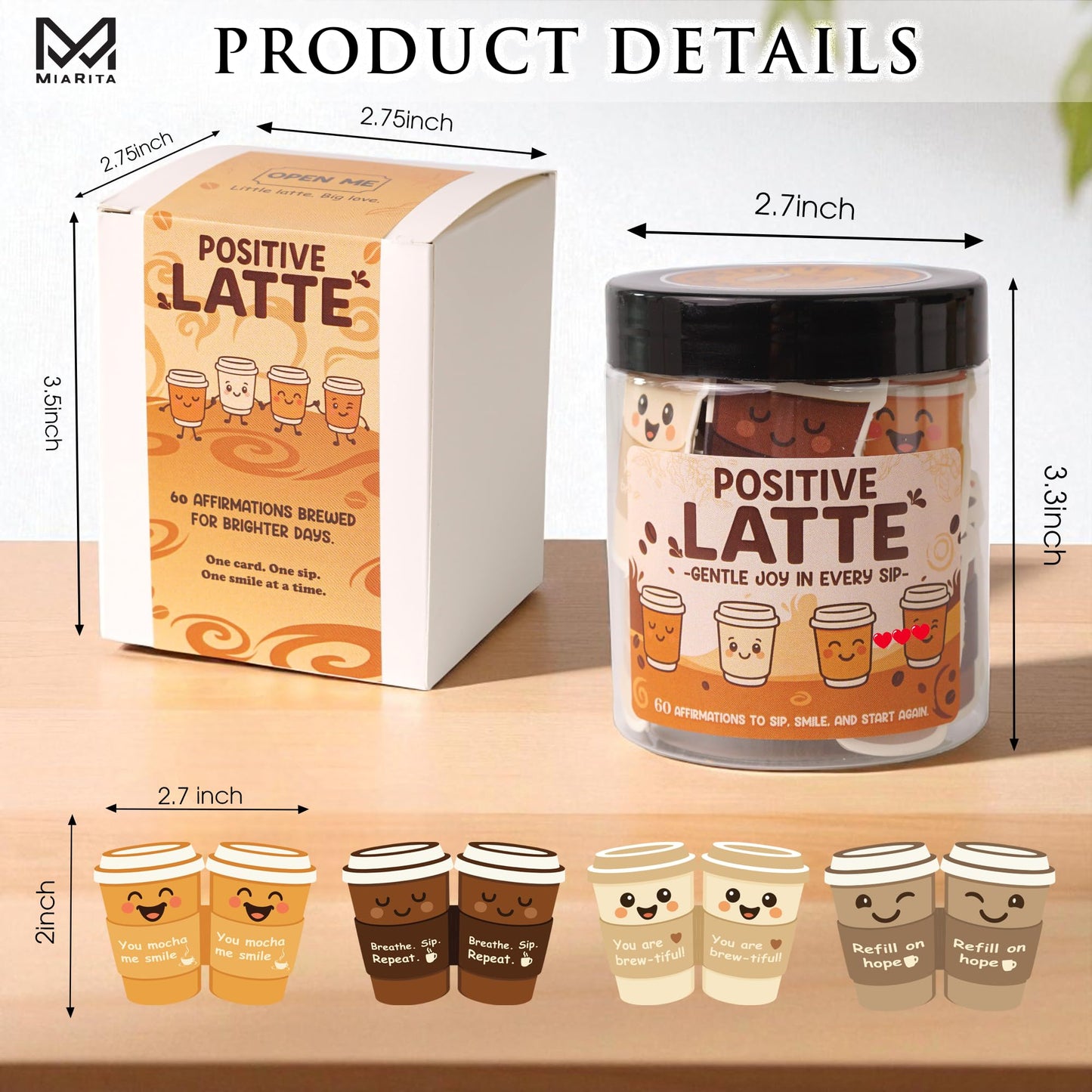 Positive Latte Affirmation Jar – 60pcs Cute Emotional Support Lattes Cards – Coffee Gifts for Women, Men– Birthday Gift, White Elephant Gifts for Women Men Coworker, Boss, Teacher Appreciation Gift