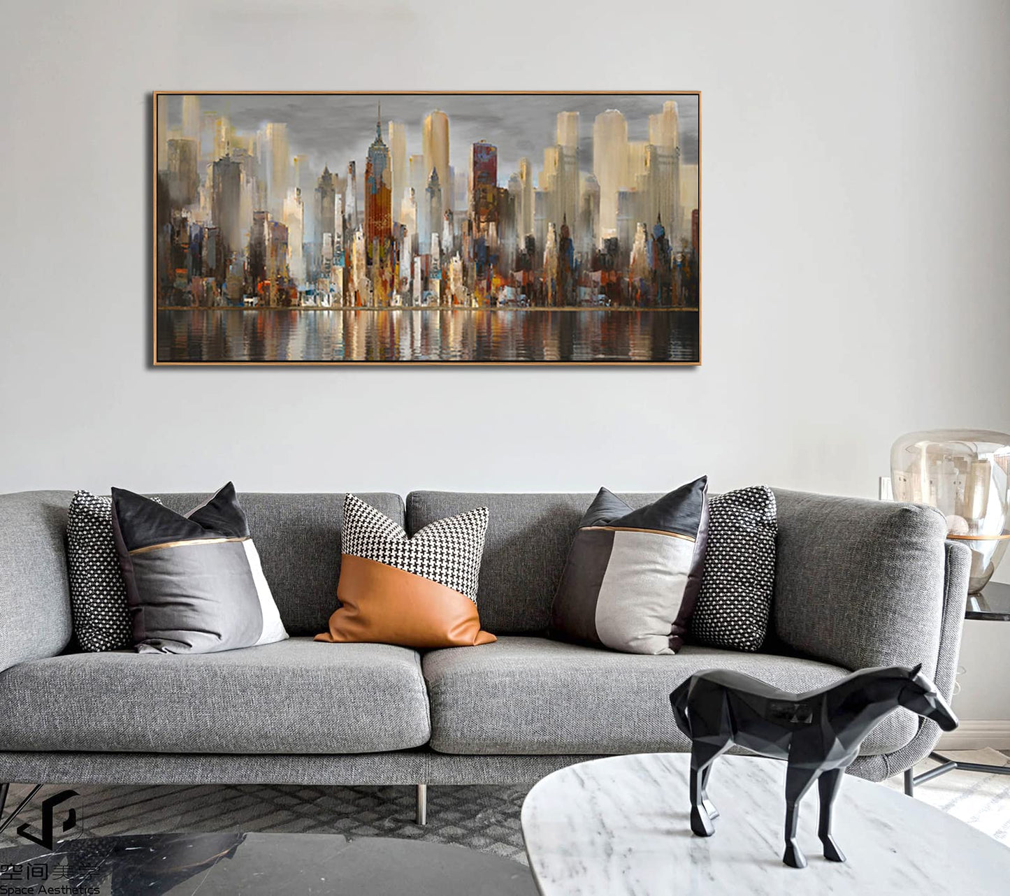 Mofutinpo Abstract Modern Canvas Wall Art for Living Room Cityscape New York Wall Decor City Theme Paintings Brown Framed Pictures Office Artwork Wall Decor Bedroom Above Bed