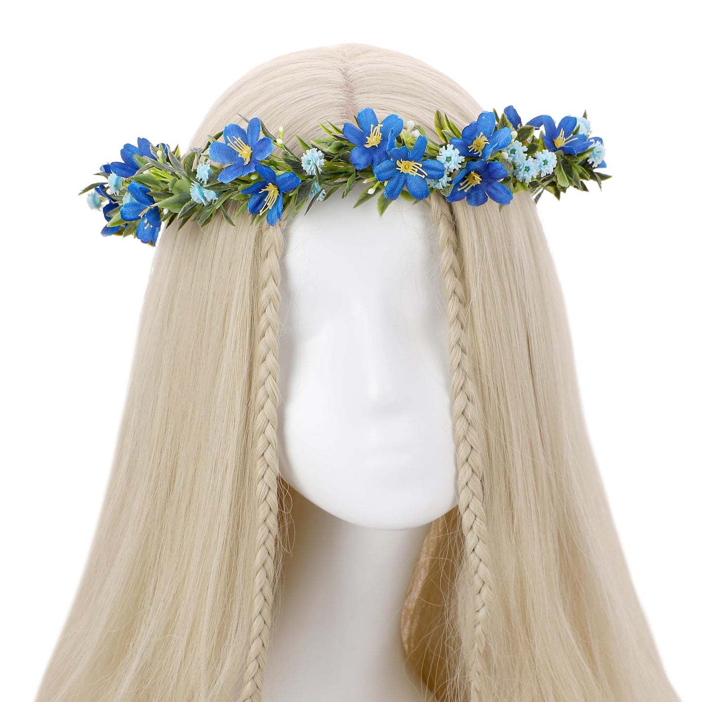 KorViSHOW Fairy Blue Flower Crown, Artificial Boho Floral Headpiece, Elf Forest Flower Headband with Ribbon for Women Girls Renaissance Faire Cosplay Birthday Wedding Festival Party Hair Accessory