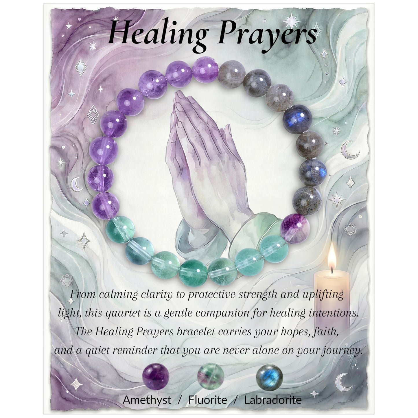 Bivei Healing Prayers Bracelet, Strength Crystal Healing Bracelet 8MM with Amethyst & Fluorite & Labradorite - Spiritual Stretch Beaded Jewelry for Women Men Gift