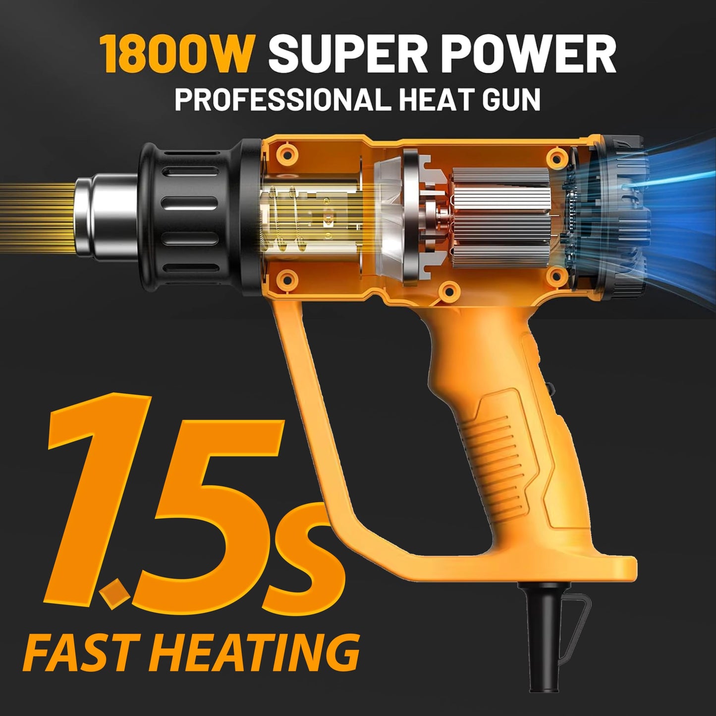 COWALT Heat Gun, 1800W Hot Air Gun with Adjustable Temperature 122-1200°F, Dual Speed Settings for Vinyl Wrap, Epoxy Resin, Crafts, Shrink Tubing - 4 Nozzles & Scraper Included