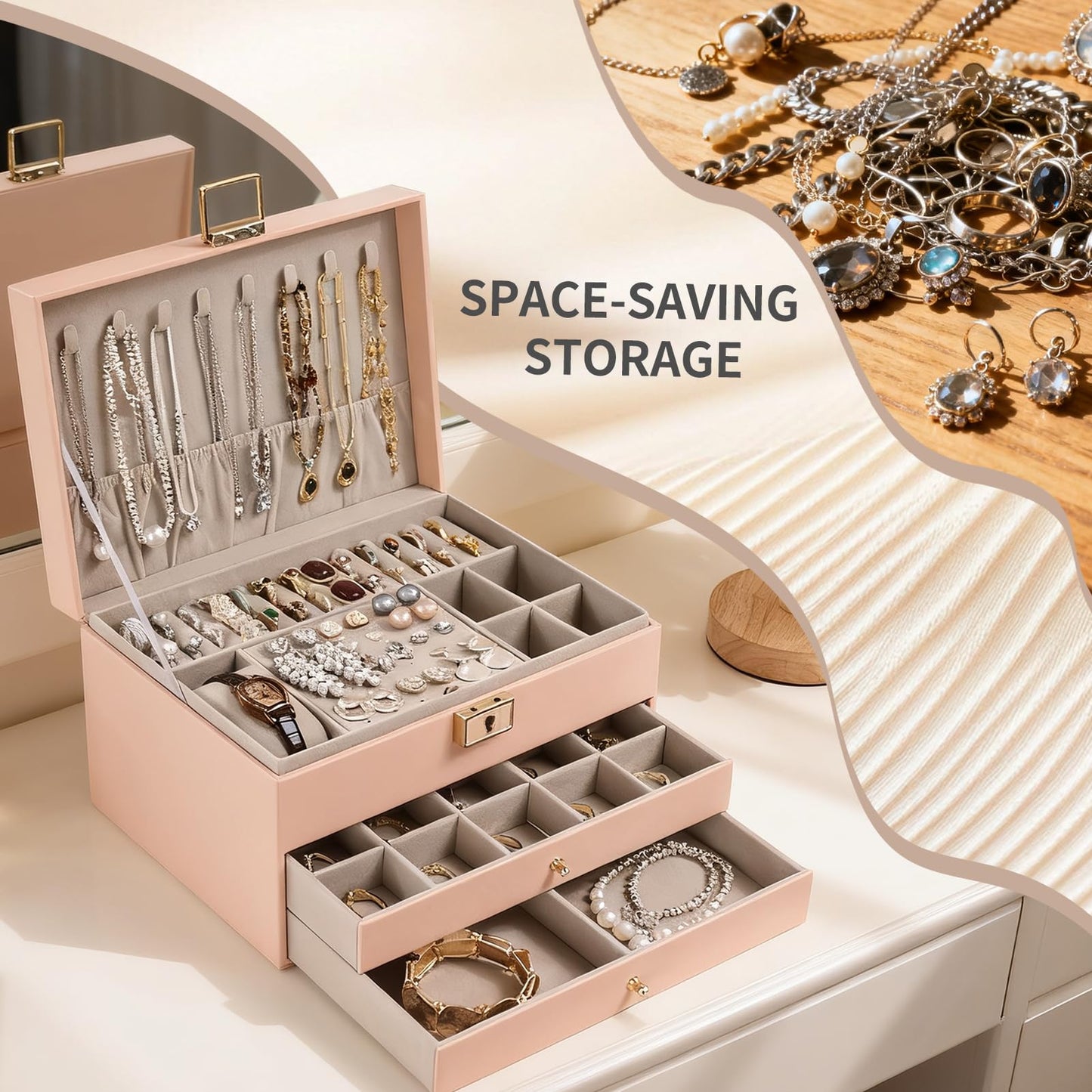 Greenfeather Jewelry Boxes for Women, Jewelry Organizer Box with Lid 3 Layers for Necklaces Rings Earrings and Bracelets Box to Store Jewelry Pink Ideal