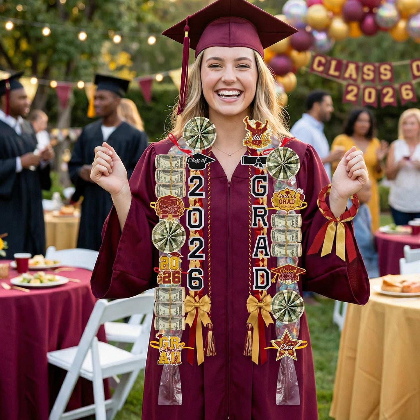 Hamdwerk Candy Leis for Graduation 2026, 36Pcs Graduation Leis Class of 2026, Graduate Ribbon Lei Making Kits with Honor Cord Patches Cards, Red Gold Double Lei Necklace Decorations Graduation Gift