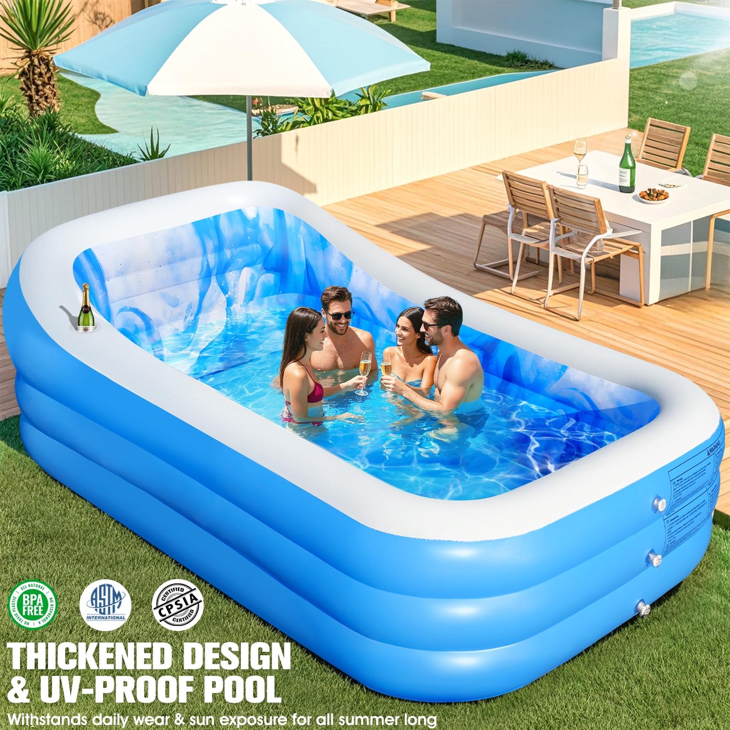 AixPool Inflatable Pool with Seats and Headrest,Oversized Thickened Large Blow Up Pool for Audlt,Inflatable Backyard Pools for Adult,Durable Swim Center Inflatable Family Lounge Pool 98"x63"x21.6"