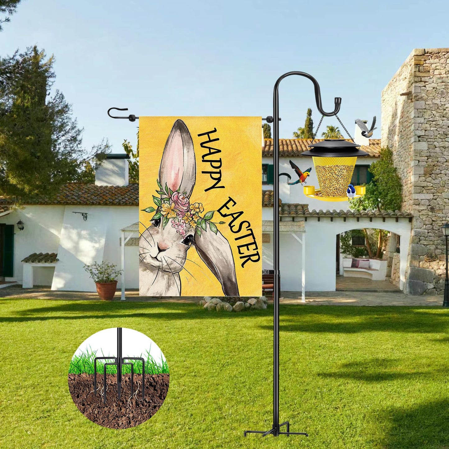 Garden Flag Stand for Outdoor,Heavy Duty Garden Flag Holder for 12x18 Flags, 46 Inches Gaden Flag Pole with Shepherd Hooks for Patio and Yard Decorations