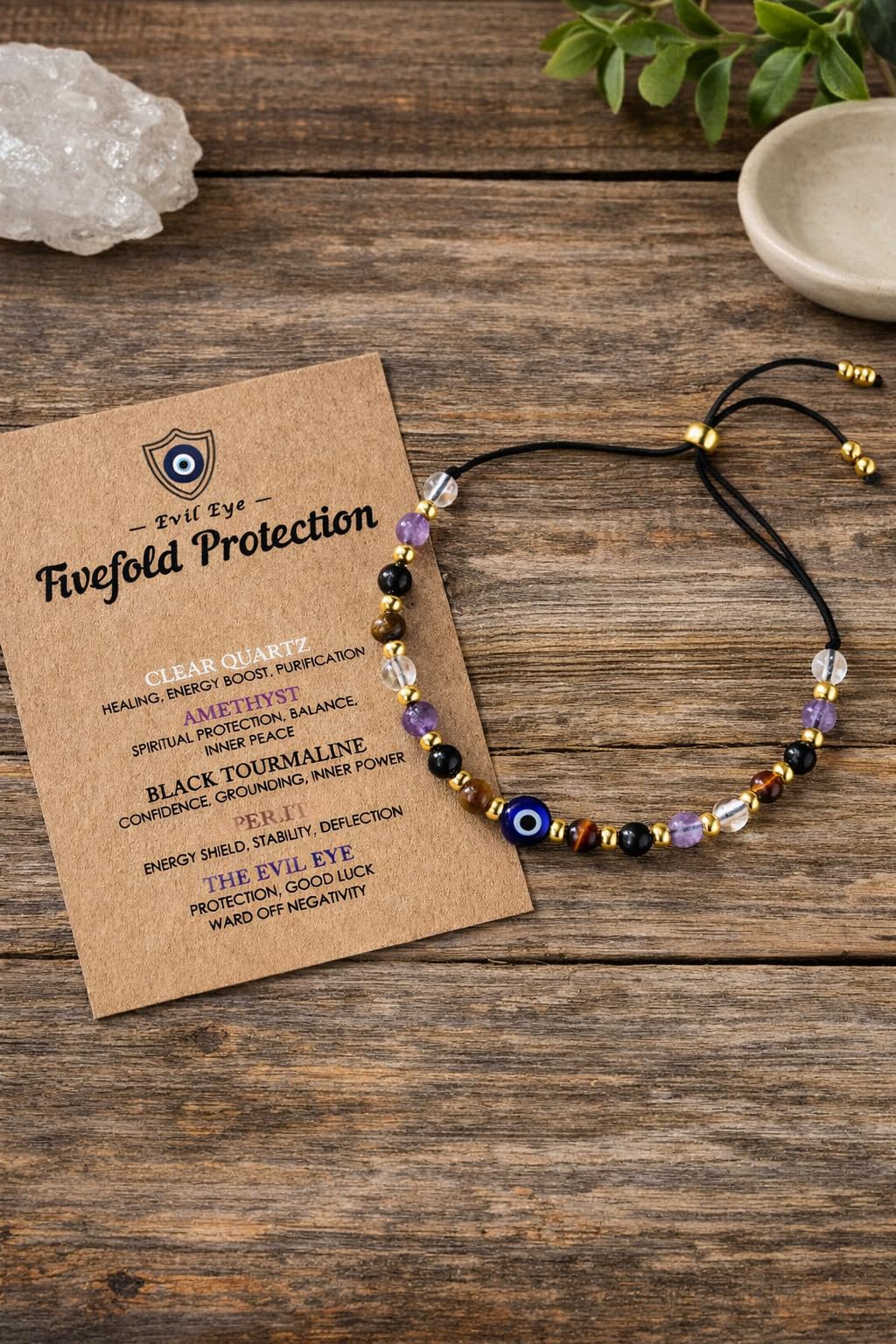 TUQBA Evil Eye Bracelet Healing Stones for Women Baptism Birthday Jewelry Clear Quartz, Amethyst, Tourmaline, Tiger Eye for Friend, Sister, Mom, Christmas Gift, Mothers Days Gifts