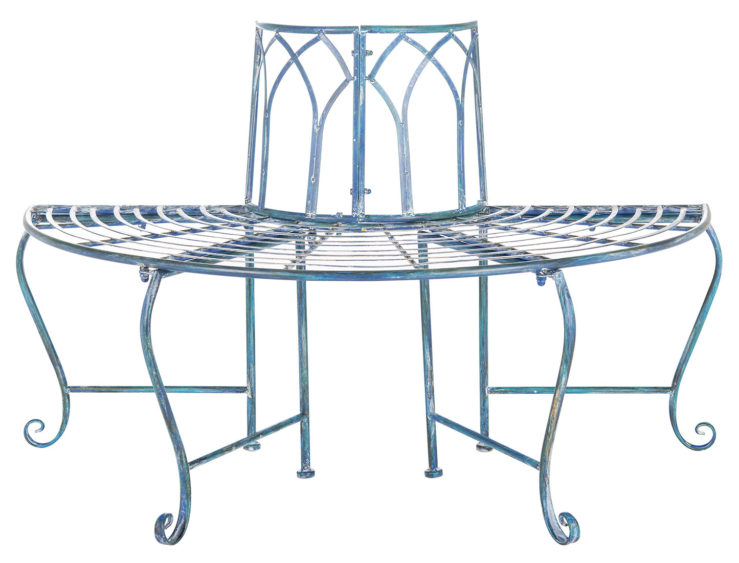 SAFAVIEH Outdoor Furniture Collection – Abia Antique Blue Distressed Wrought Iron 50-Inch Curved Tree Bench, Garden & Patio Seating (PAT5018C)