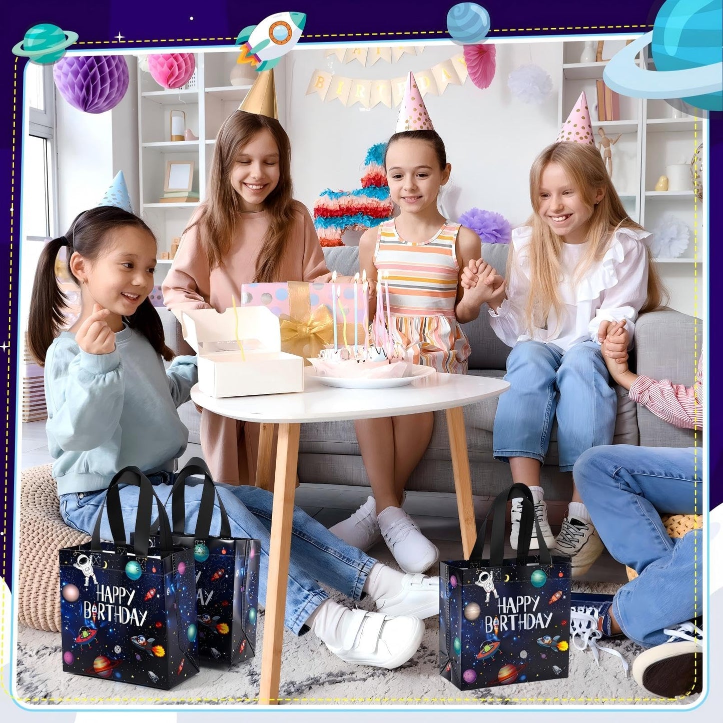 Tiamon 30 Pcs Outer Space Birthday Party Favor Bags Bulk Space Happy Birthday Gift Bags with Handles Reusable Non Woven Planet Goodie Treat Astronaut Present for Galactic Solar System Party Supplies