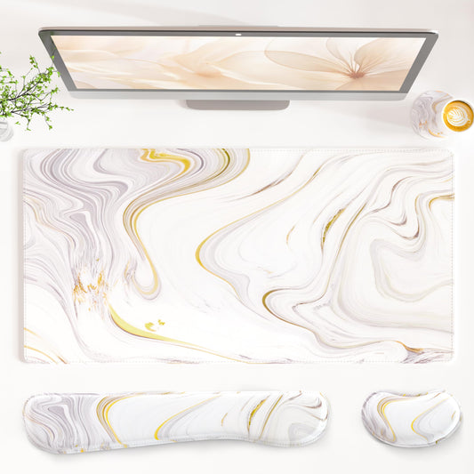 QiyI Leather Desk Mat Set, 4-in-1 Large Mouse Pad with Wrist Rest, Non-Slip Desk Pad + Keyboard Wrist Rest + Mouse Wrist Support + Coaster, Office Desk Accessories Home Decor Supplies, White Marble