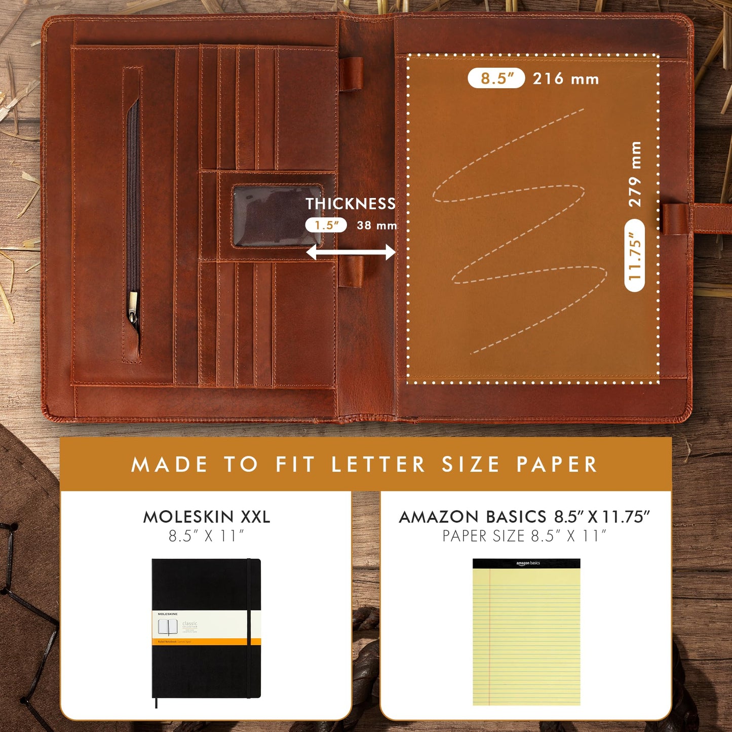 ELIZO Leather Portfolio & Rollerball Pen Bundle – Professional Padfolio Organizer with Antique Letter Strap & Chrome Silver Executive Pen, Schmidt Ink Business Writing Set