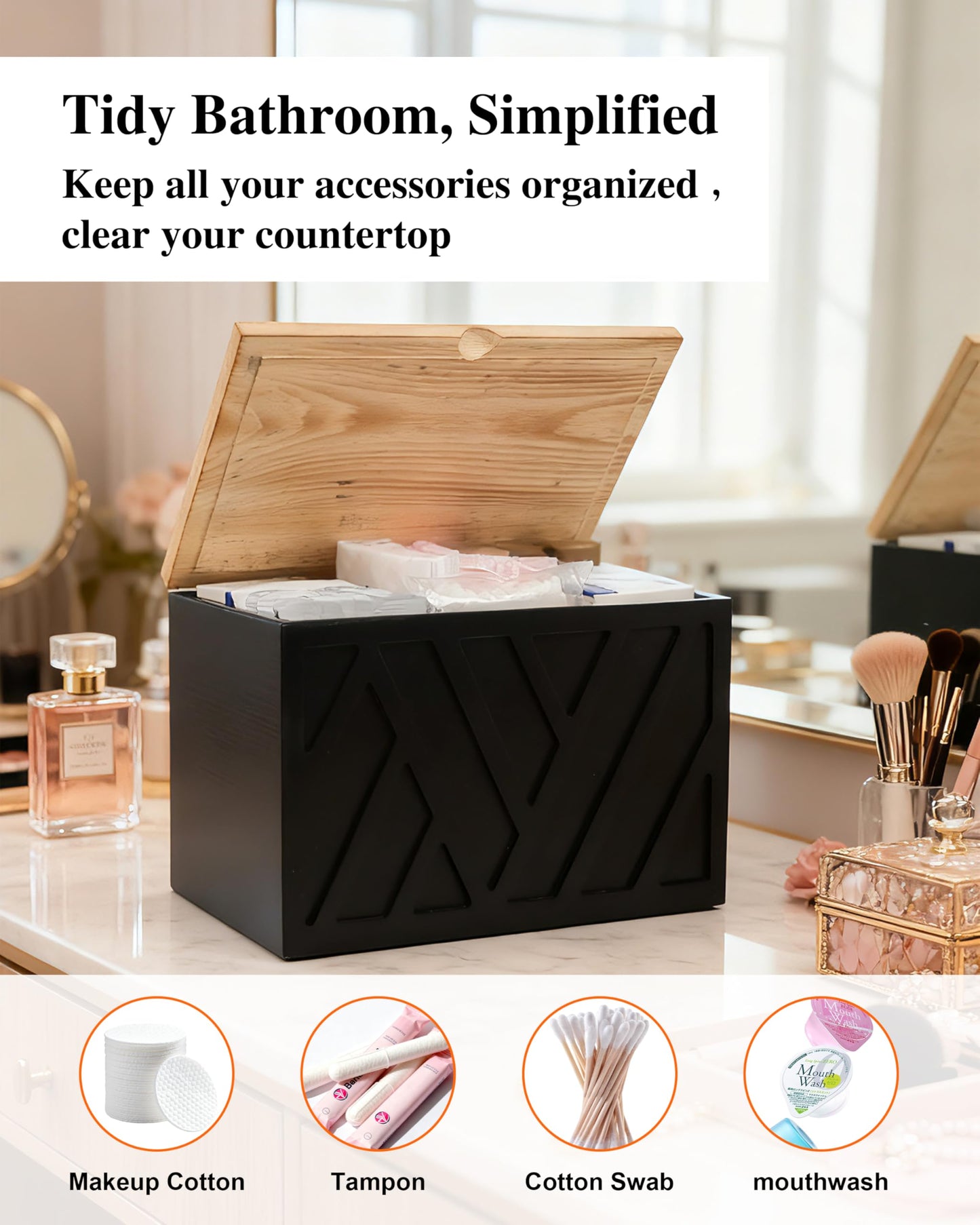 KeepTwenty Tampon Holder for Bathroom Decor Feminine Product Organizer With Lid Shark Week Box Wooden Pad Girl Stuff Box (BLACK, lid) (1, BLACK)