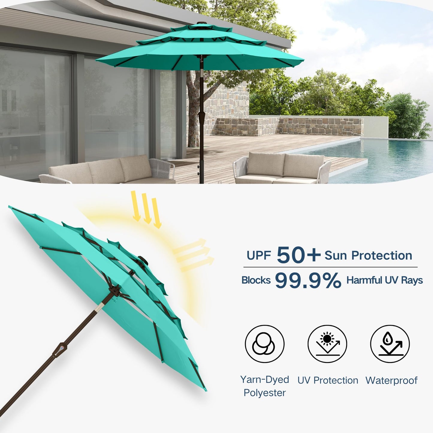 Patio Kingdom 10FT Patio Umbrella 3 Tiers Outdoor Market Umbrella w/Push Button Tilt, Crank, UV and Waterproof Table Umbrella for Garden, Pool, Backyard, Deck, Lawn, Turquoise Blue