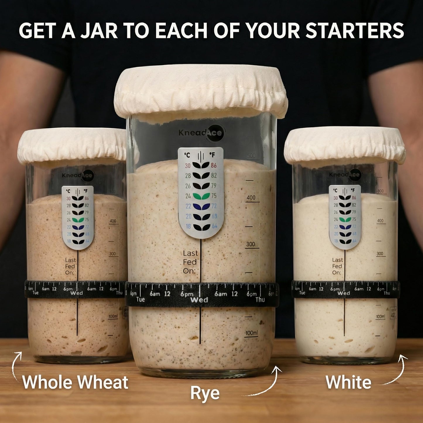 KNEADACE Sourdough Starter Jar With Date Marked Feeding Band, Thermometer, Sourdough Jar Scraper, Sourdough Container Sewn Cloth Cover & Metal Lid, Sourdough Starter Kit (2 Pack)