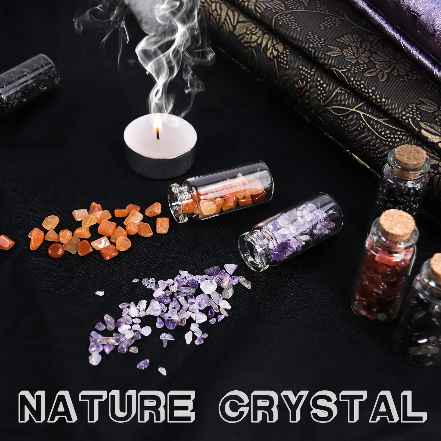Consine A Set of 25 Different Crystal Gemstones in Glass Bottles, Chip Crystal Natural Reiki Healing Tumbled Stones Random Stuff Witchcraft Crystals for Meditation Therapy