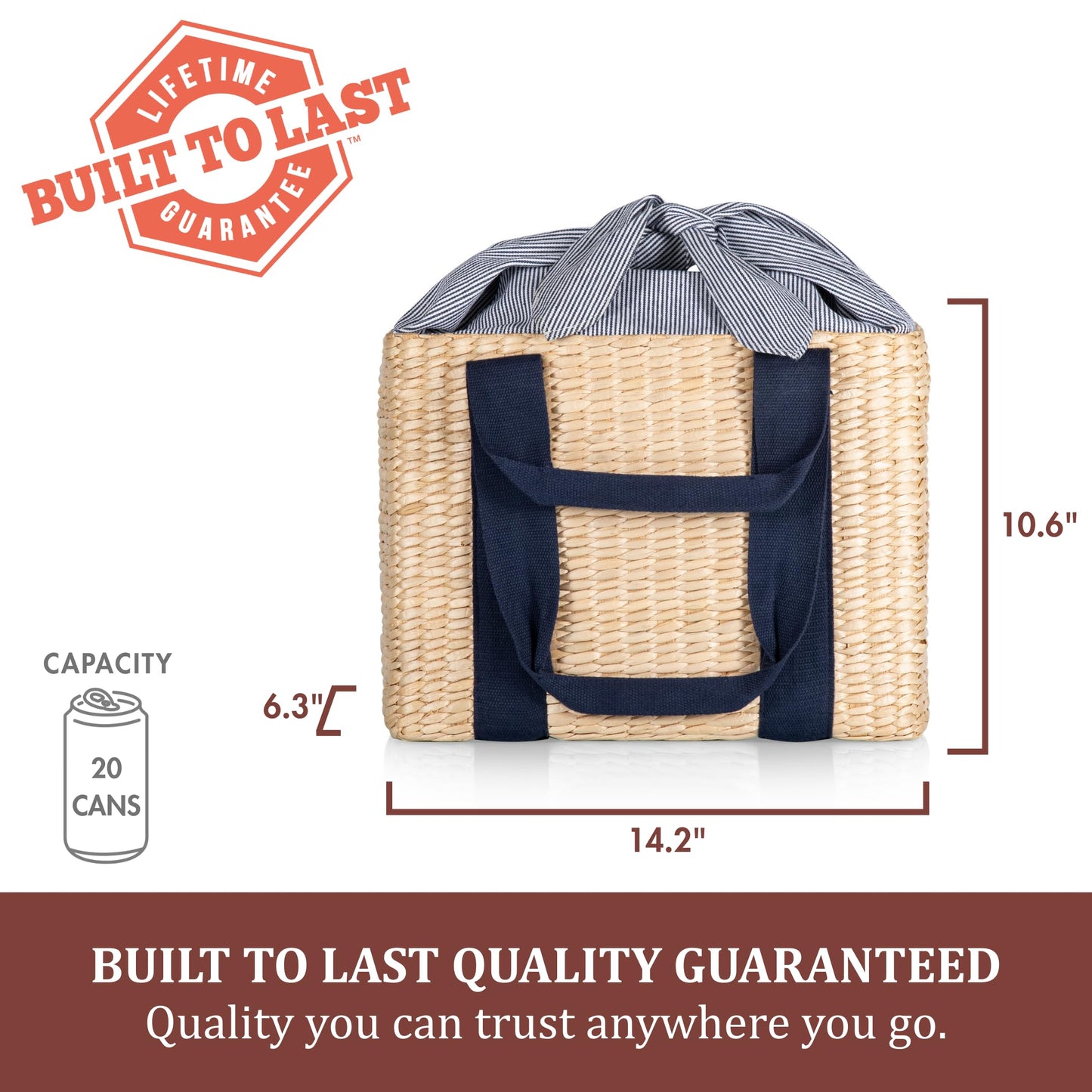 Picnic TIME Parisian Picnic Basket, Insulated Seagrass Picnic Basket, Waterproof, Stylish, Perfect for Picnics, Beach, Office Lunches, Dinner Parties, and Gifts (Beige with Navy Blue Accents)