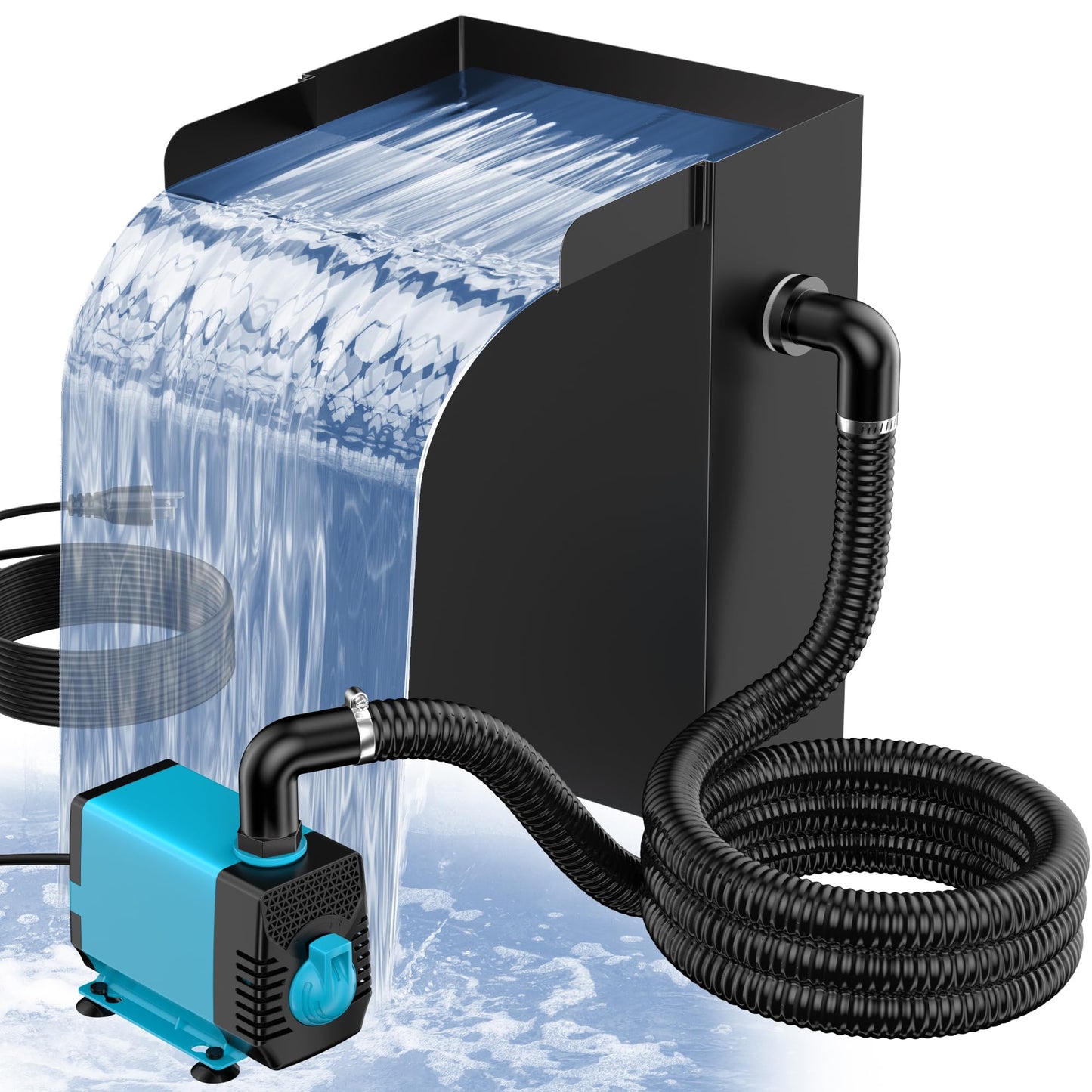 POPOSOAP Pond Waterfall Spillway with Pump Kit, 304 Stainless Steel Pond Pond Waterfall Box with 9.8FT Corrugated, Pond Spillway Tubing with 40W 660GPH Pump for Waterfall System Garden Decor