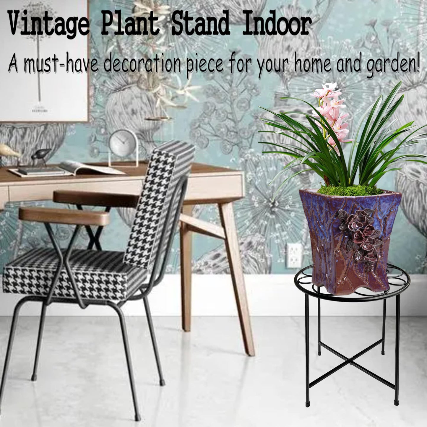 ZEECER Plant Stand, 15'' Tall Plant Stands Indoor Outdoor Set of 2, Retro Design Round Plant Stand, Rust-proof Coated Metal Plant Pot Stand Flower Stands for Indoor Plants Patio Garden Home Decor