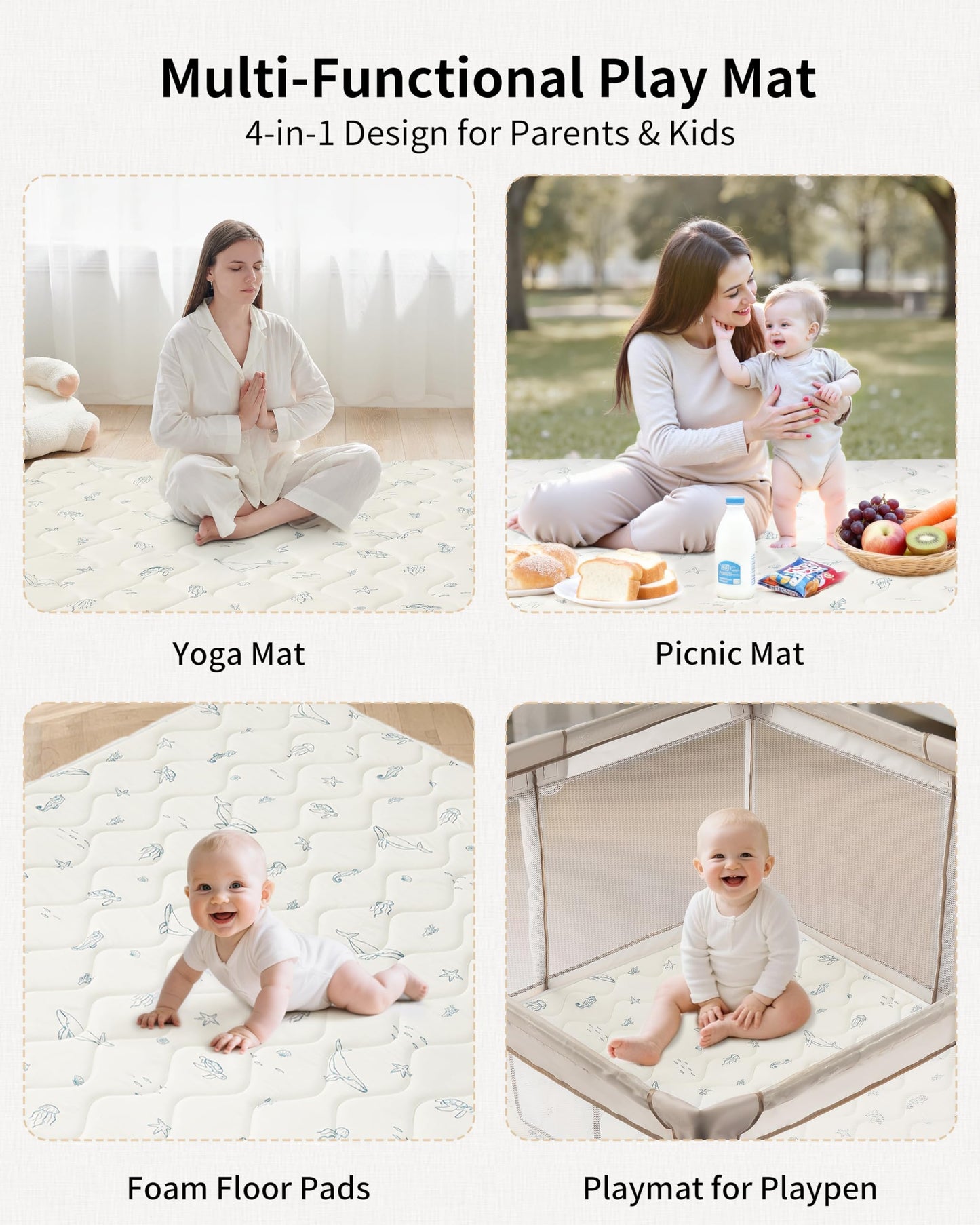 Fortella Extra Thick Baby Play Mat for 50" Playpen, 47"x47" Snug Fit Playpen Mat, Machine Washable Foam Play Mat for Floor - Portable, Non-Slip Tummy Time & Crawling Mat for Babies Toddlers (Ocean Ivory)
