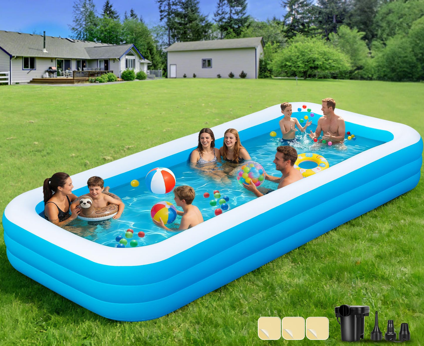 Large Inflatable Pool with Pump, 165" x 76" x 22" Oversized Thickened Blow Up Pools for Adults, Family Swimming Pool for Backyard, Outdoor, and Summer Water Party