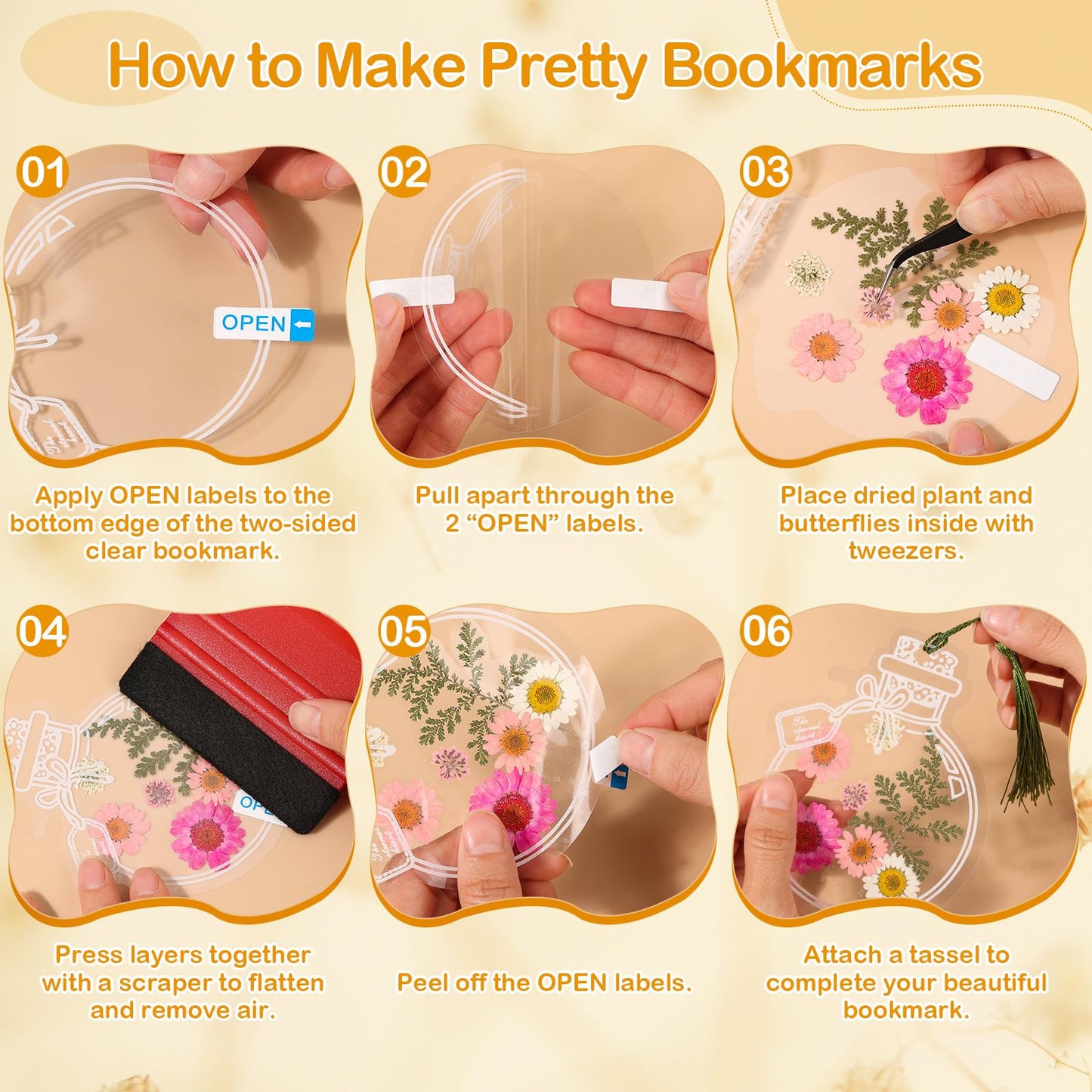 212 PCS Pressed Flower Bookmark Making Kit, DIY Clear Bottle Bookmark Kit with Dried Flower Tassel Butterflies Open Sticker Tweezer, DIY Projects Party Favor Gift for School Reading Adult Book Lovers