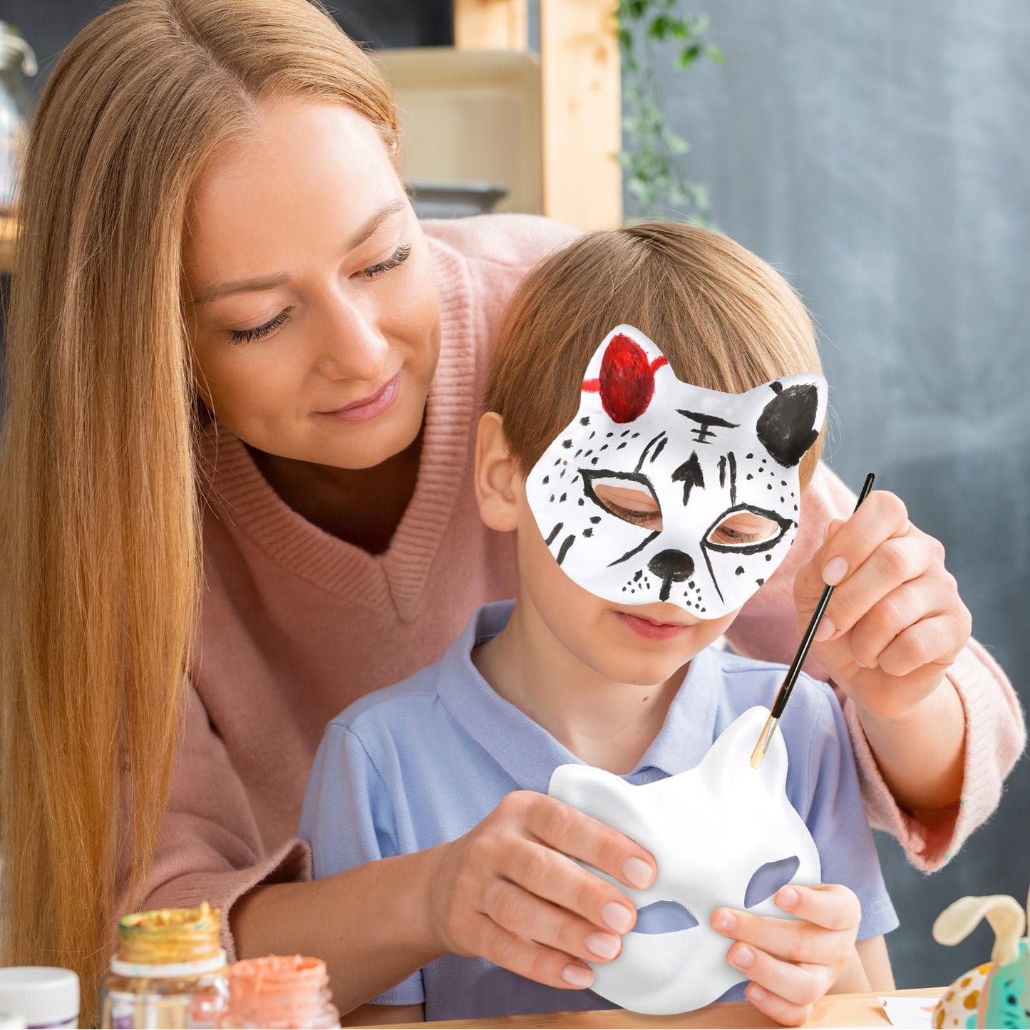 Giftota 47 Pcs DIY Therian Mask Kit for Boys Girls - 8 Blank Cat Mask with Super Soft Felt Fabric Sheet, Plush Faux Fur, Eye Mesh, Gem Sticker - DIY Fox Masks for Christmas Masquerade Cosplay Party