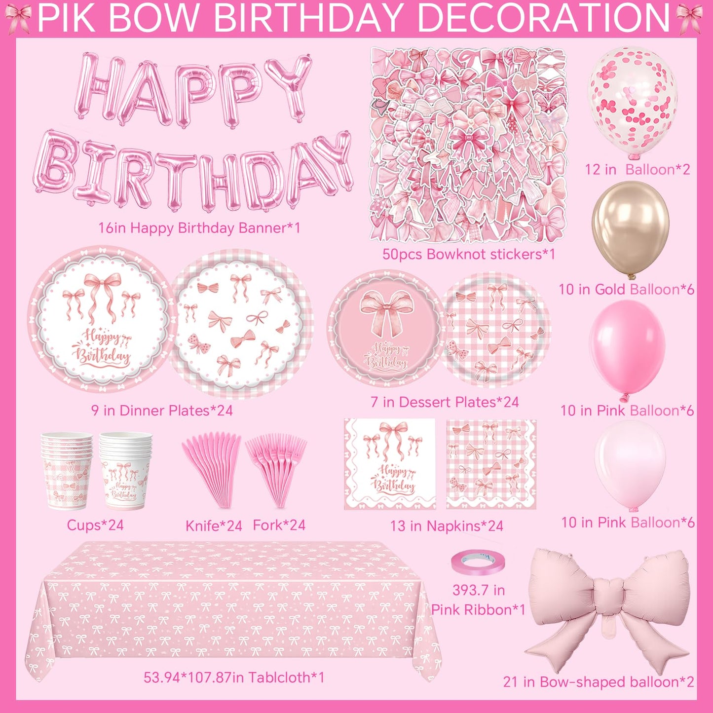 219 pcs Pink Party Decorations Set with Bow Theme, Plates, Napkins, Cups, Cutlery, Balloons, Happy Birthday Foil Banner, Bow Foil Balloons, Tablecloth, and Stickers, Serves 24