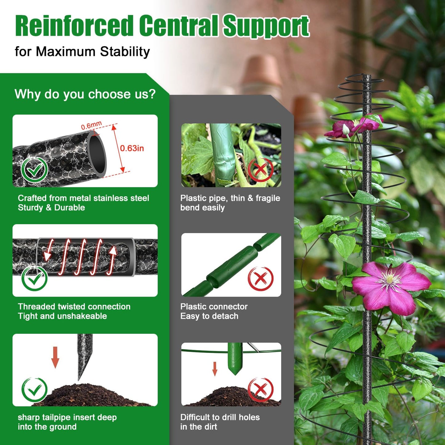 Spiral Frame Trellis for Climbing Plants Outdoor Indoor - 44" Adjustable Heavy Duty Metal Garden Plant Support with Anti-Wobble Screws,for Pole Beans,Tomato, Sweet Pea,Clematis,Potted Plants,Vine
