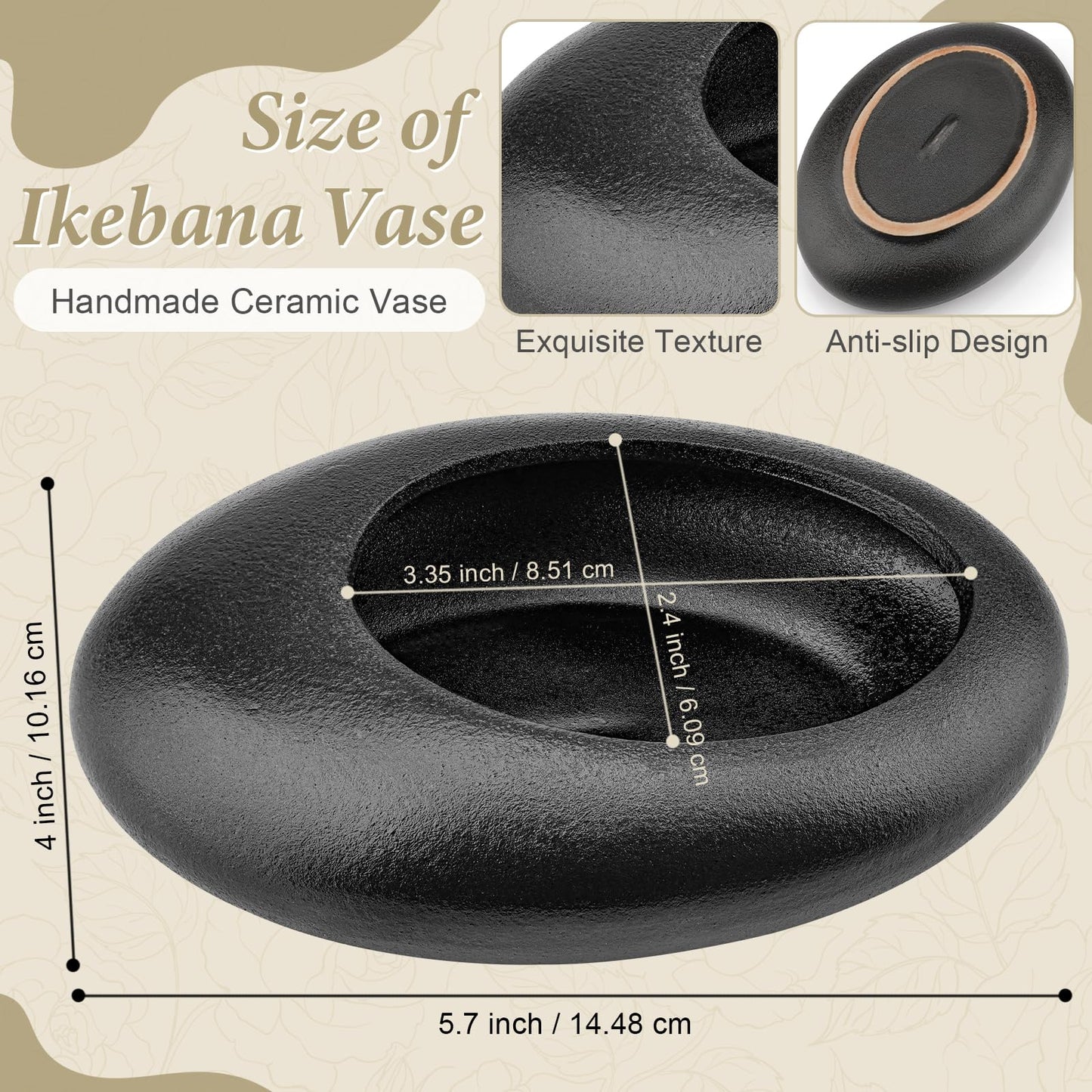 Vhxmaizxn Flower Frog Vase Kit Ikebana Vase with 1.57 Inch Kenzan Japanese Black Ceramic Pebble Shaped Bowl for Flower Arrangement Tool DIY Table Centerpiece Home Decor