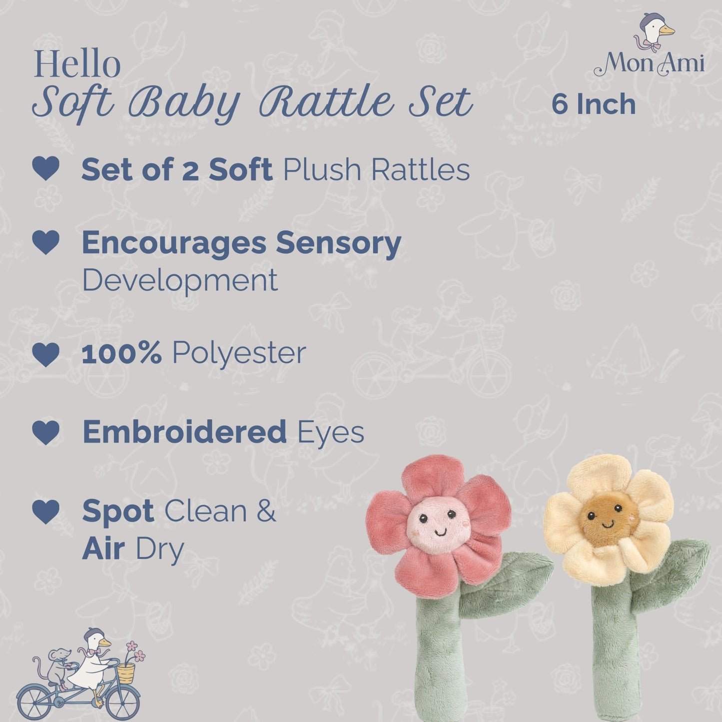 MON AMI Soft Baby Rattle Toy Set of 2 Pcs | 6-Inch Flower Shaped Plush Stuffed Rattle for Newborns | Sensory Development Toy for Infants & Toddlers | Ideal Gift for Baby Showers & Birthdays